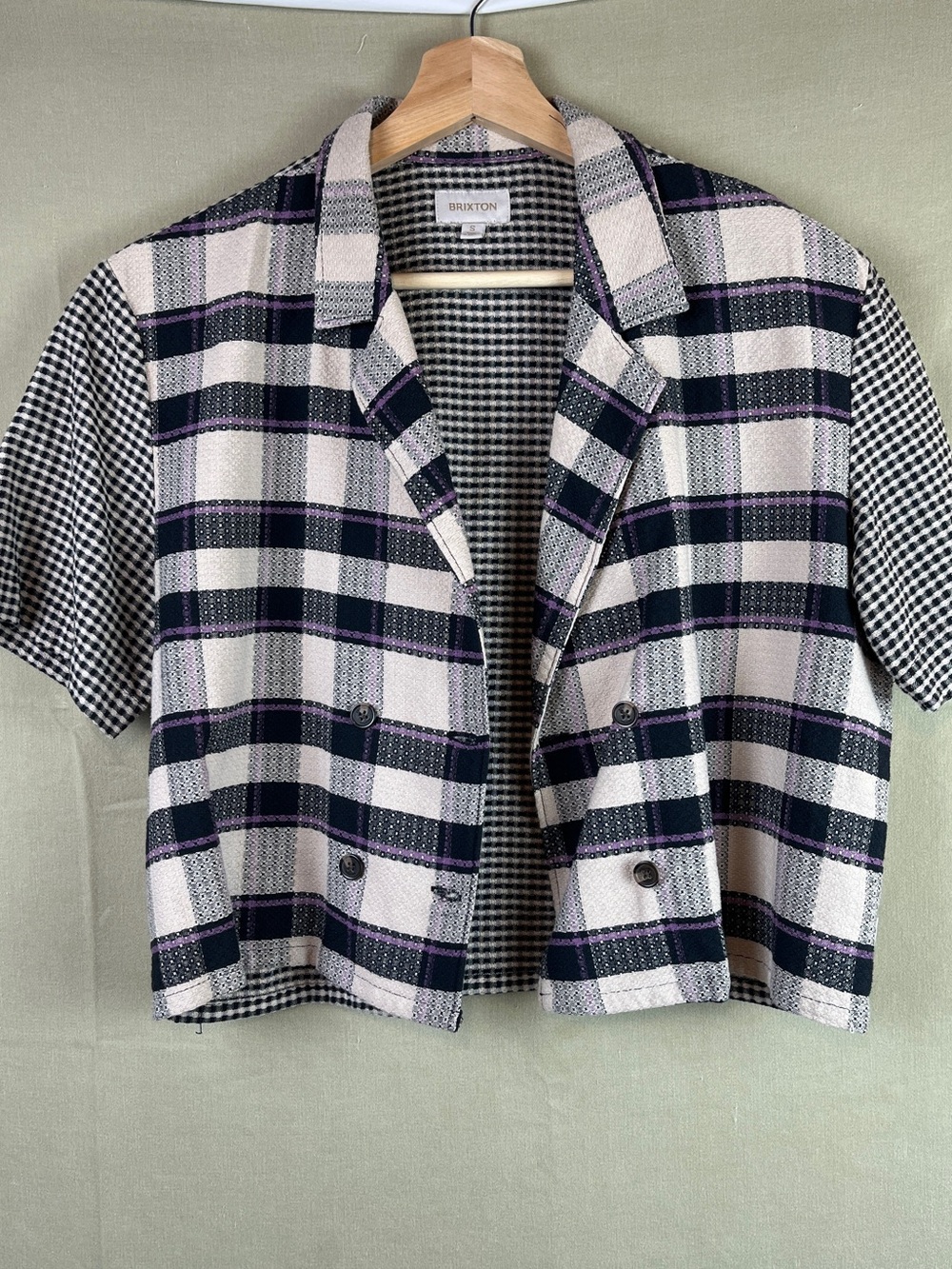 Brixton Cropped Short-Sleeve Plaid Blazer in Black, Cream & Purple